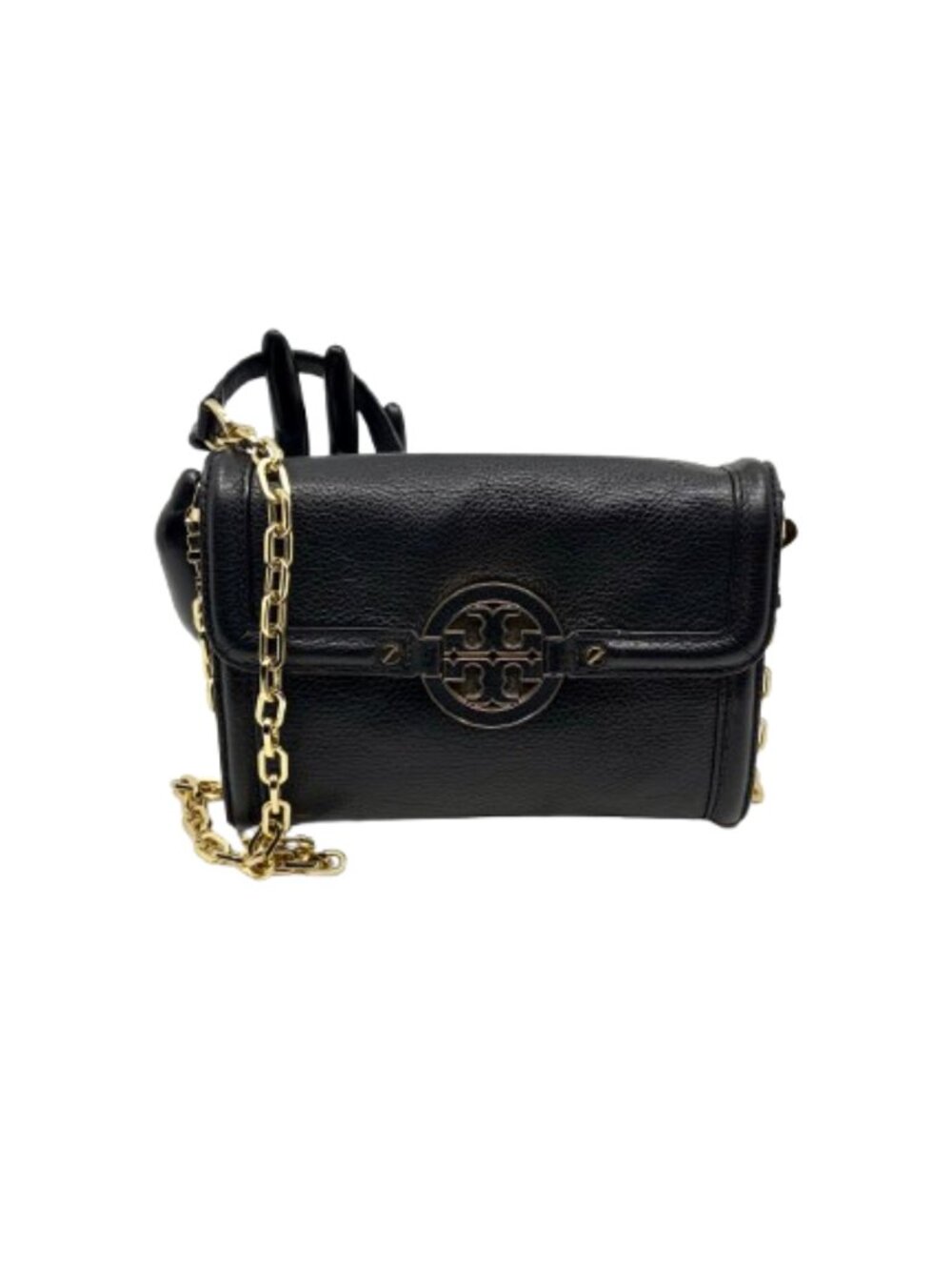 Authentic Tory Burch Amanda Black Pebbled Leather Crossbody Clutch Bag - Gold Ha